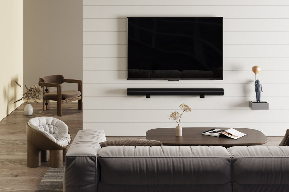 Enhance Your Sound System with the Best Soundbar & Speaker Mounts of 2024 a living room with a large flat screen tv and soundbar mounted on the wall