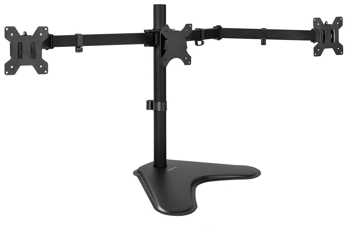 The Mount-It! Triple Monitor Stand is a black freestanding stand with adjustable arms and three VESA-compatible mounting plates, designed to support three monitors side by side while providing convenient cable management.