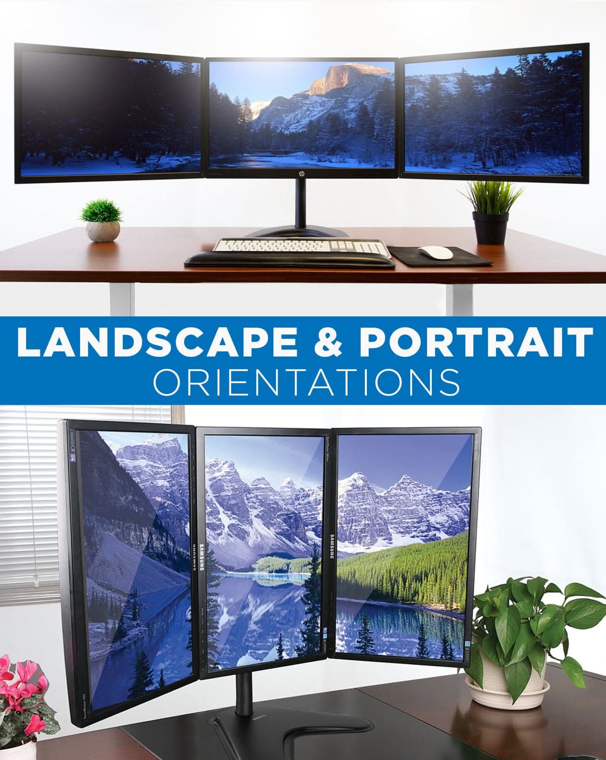 The Mount-It! Triple Monitor Stand displays three VESA compatible screens—two in landscape on the upper desk and one in portrait below—with both desks offering cable management, plants, and office accessories.