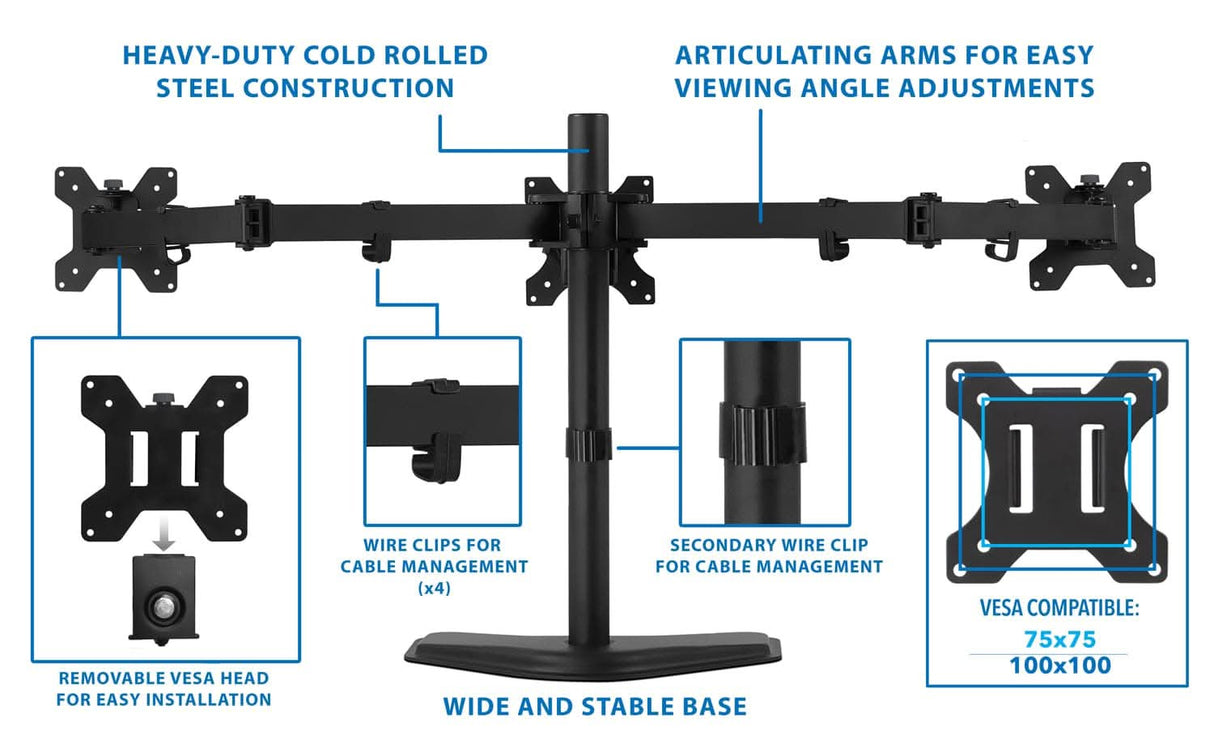The Mount-It! Triple Monitor Stand features articulating arms, a wide stable base, removable VESA compatible heads (75x75 & 100x100), built-in cable management with wire clips, and is made of heavy-duty cold-rolled steel.