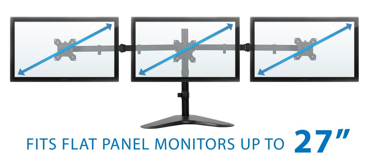 The Mount-It! Triple Monitor Stand holds three flat panel monitors side by side, fits screens up to 27", and features VESA compatible mounting plus convenient cable management.