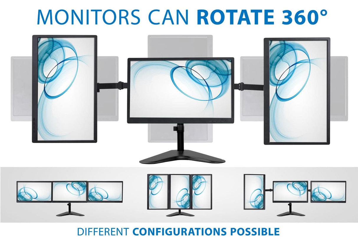 Image of Mount-It! Triple Monitor Stand with three computer monitors, showing 360° rotation for vertical or horizontal setup. Various VESA mounting options are displayed below, emphasizing the stand’s versatility and flexible adjustment.