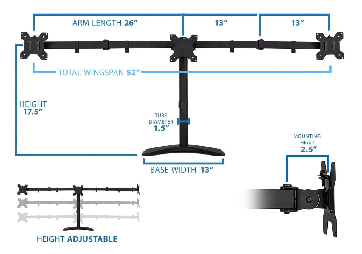 Mount-It! Triple Monitor Stand diagram displays dimensions: arm length 26", total wingspan 52", height 17.5", base width 13", tube diameter 1.5", VESA mount head 2.5"; height adjustable with labels and arrows highlighting features.