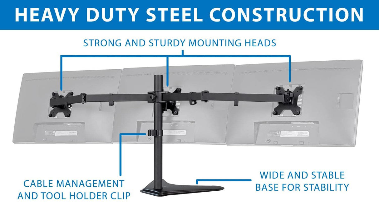 The Mount-It! Triple Monitor Stand features three VESA-compatible mounting heads, a sturdy horizontal arm, a wide stable base, and includes cable management with a tool holder clip for organized support.