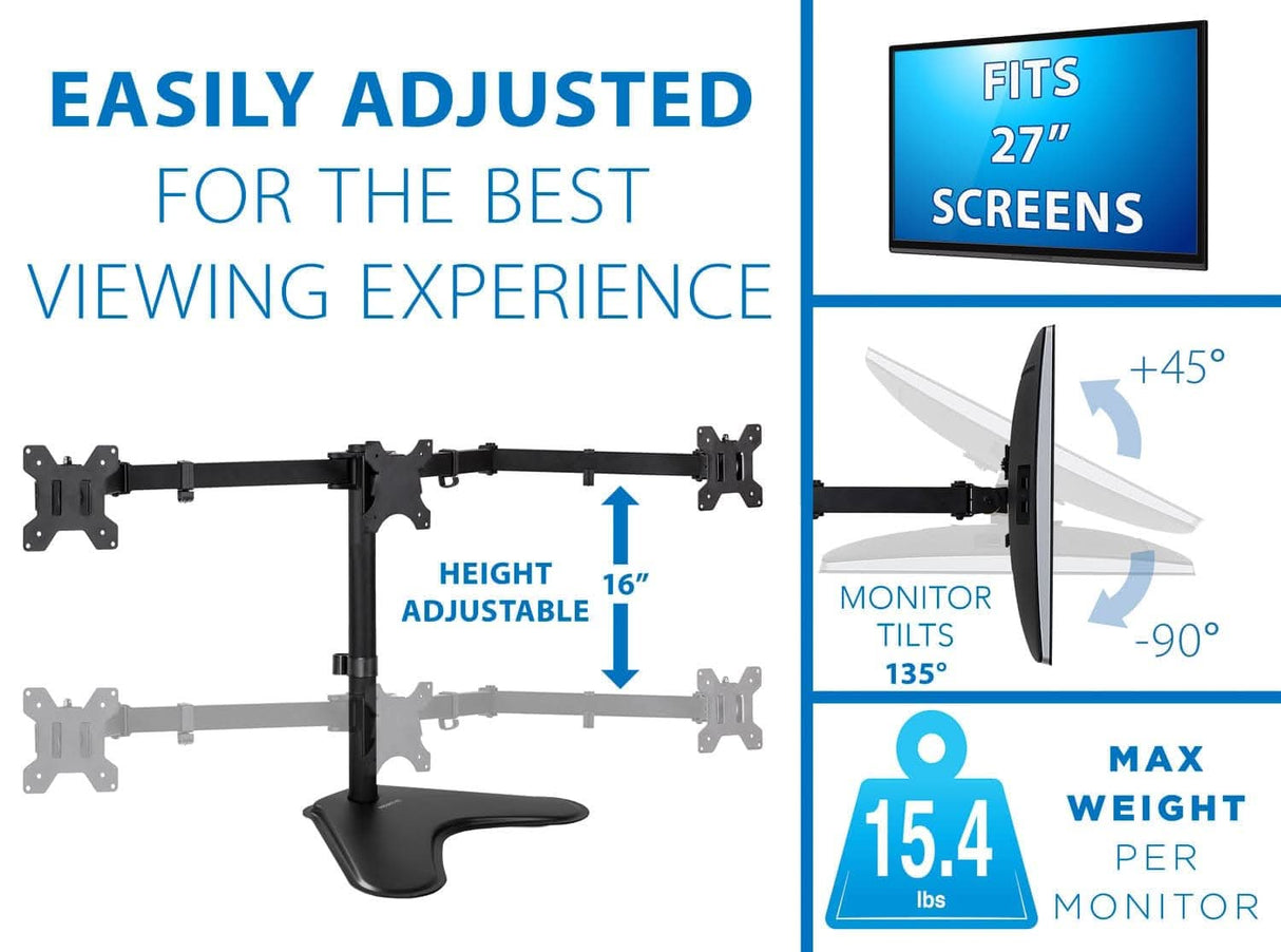 The Mount-It! Triple Monitor Stand features adjustable arms for 27-inch screens, supports up to 15.4 lbs per monitor, offers VESA compatibility, 16" height adjustment, a -90° to +45° tilt range, and built-in cable management for a tidy setup.