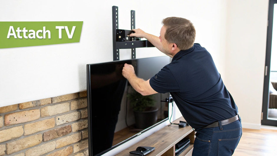 A man wearing a dark blue shirt is installing a flat-screen television on a wall mount bracket inside a modern room with a brick accent wall and white walls. The man is securing the TV to the metal mounting frame attached to the wall above a wooden cabinet that holds other electronic devices. Natural daylight illuminates the space through a window in the background. A man wearing a dark blue shirt is installing a flat-screen television on a wall mount bracket inside a modern room with a brick accent wall and white walls. The man is securing the TV to the metal mounting frame attached to the wall above a wooden cabinet that holds other electronic devices. Natural daylight illuminates the space through a window in the background.