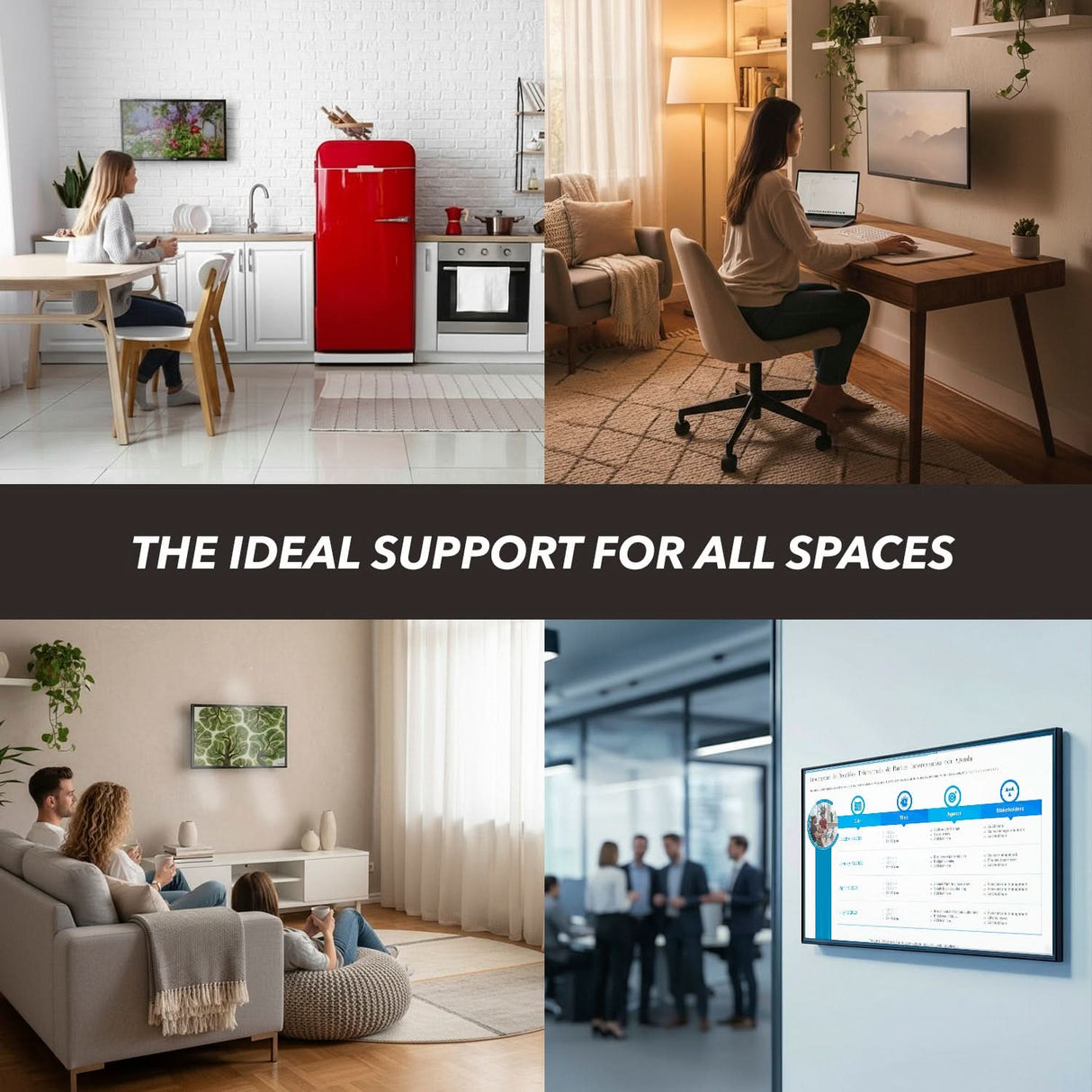 A collage shows four scenes: a woman in a bright kitchen, a woman at a home office desk, a family on their living room couch, and an office using the Mount-It! Tilting TV Wall Mount. Text reads THE IDEAL SUPPORT FOR ALL SPACES.
