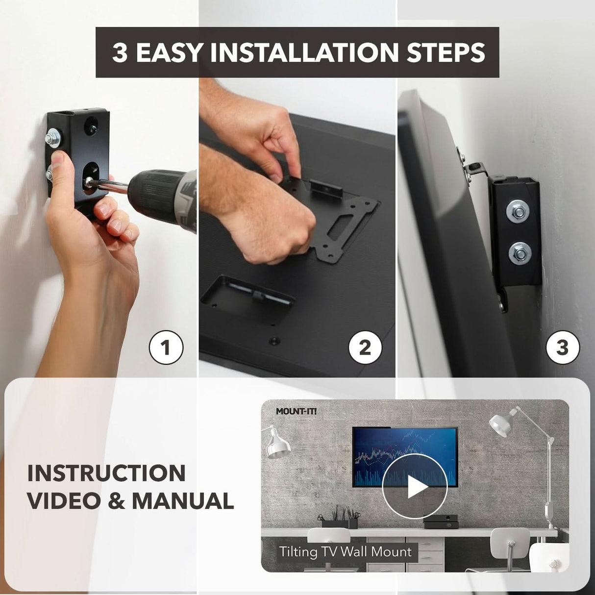 Mount-It! Tilting TV Wall Mount installs in three steps: drill bracket to wall, attach mount to TV, hook your 32-inch TV onto the wall plate. Promo for instruction video and manual included at bottom.