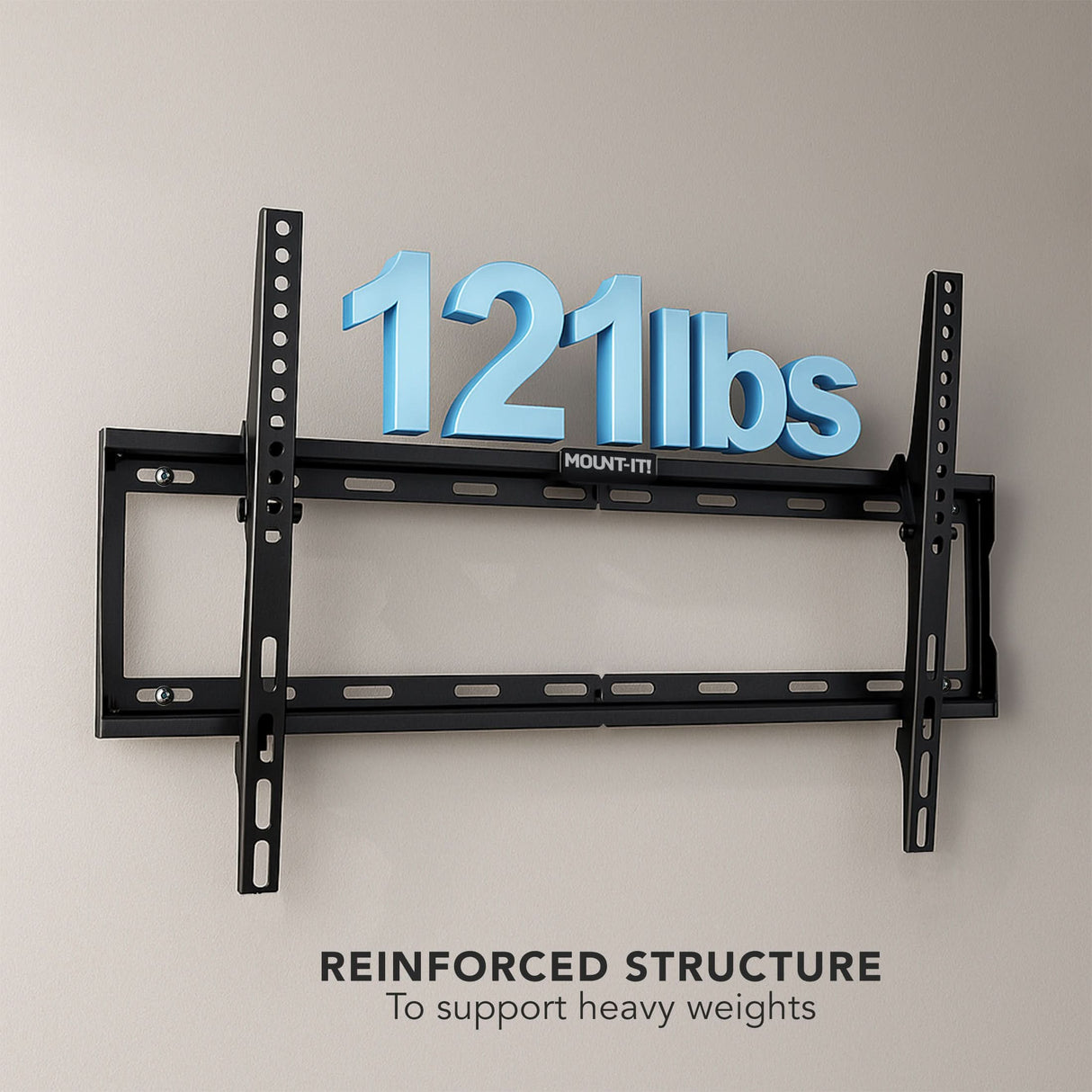 Close-up of Mount-It! TV wall mount with 3D text “121 lbs” resting on top, highlighting reinforced structure for heavy weight support.