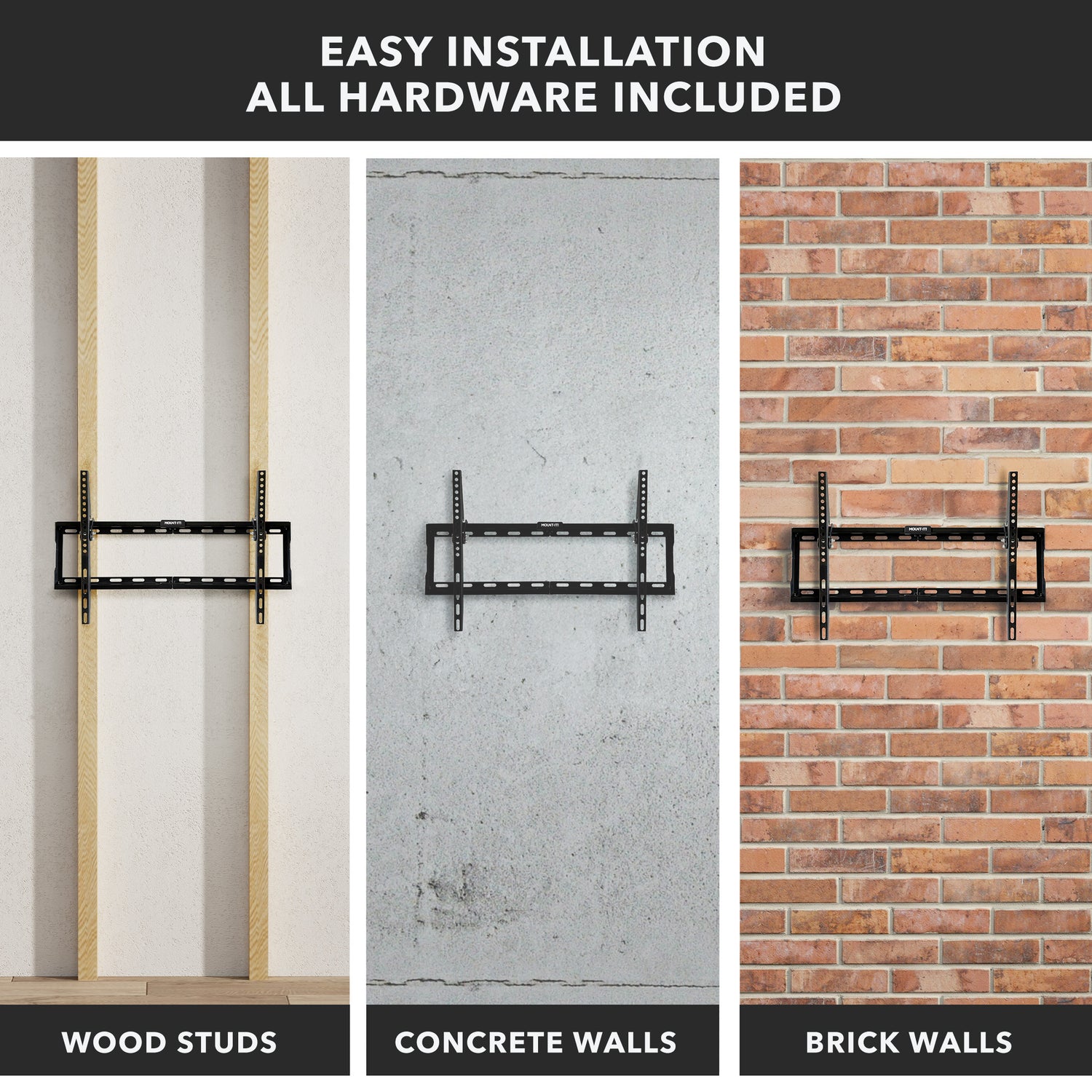TV wall mount shown installed on wood studs, concrete walls, and brick walls, with text reading “Easy Installation – All Hardware Included.”