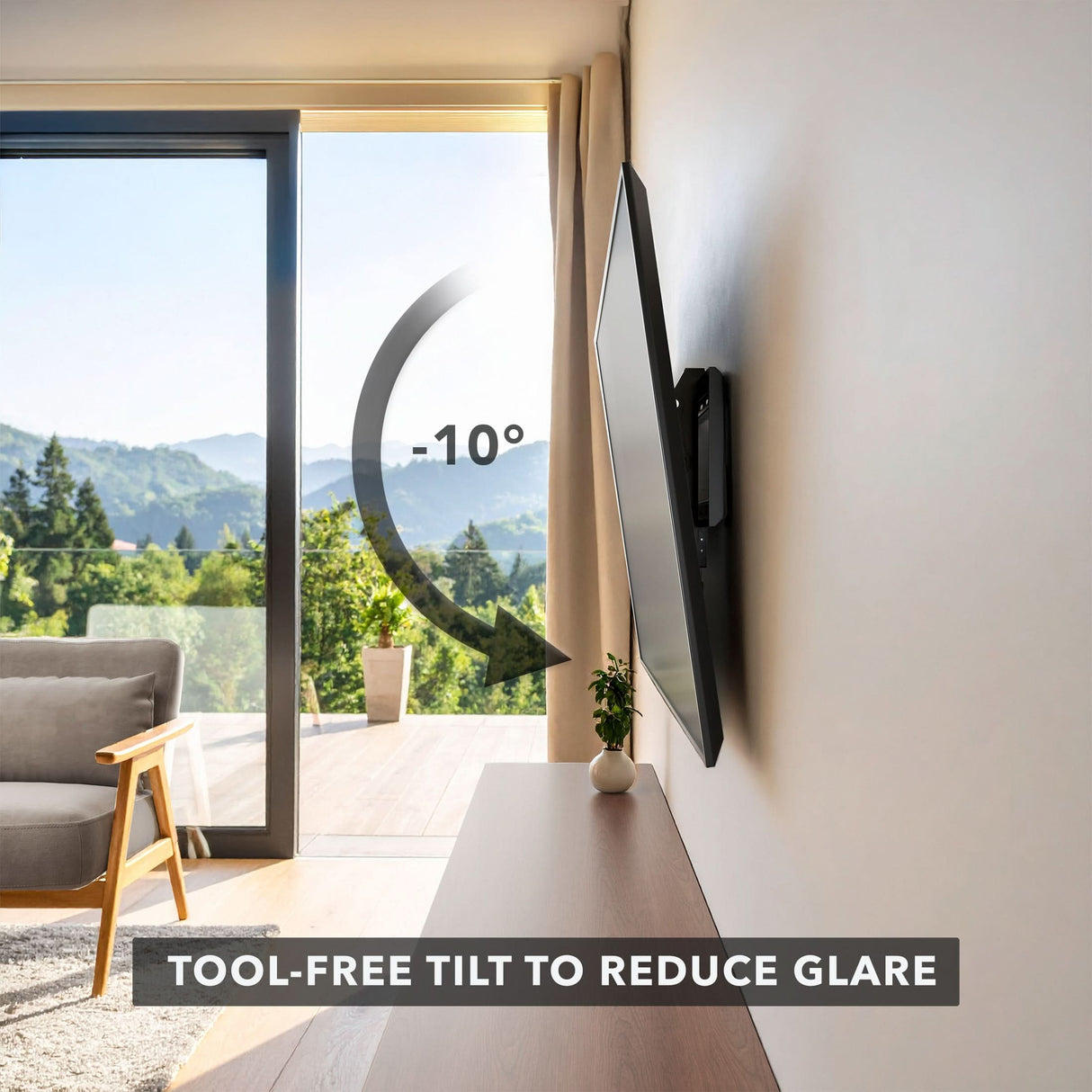 Tilted TV Wall Mount in a living room that overlooks the mountains.