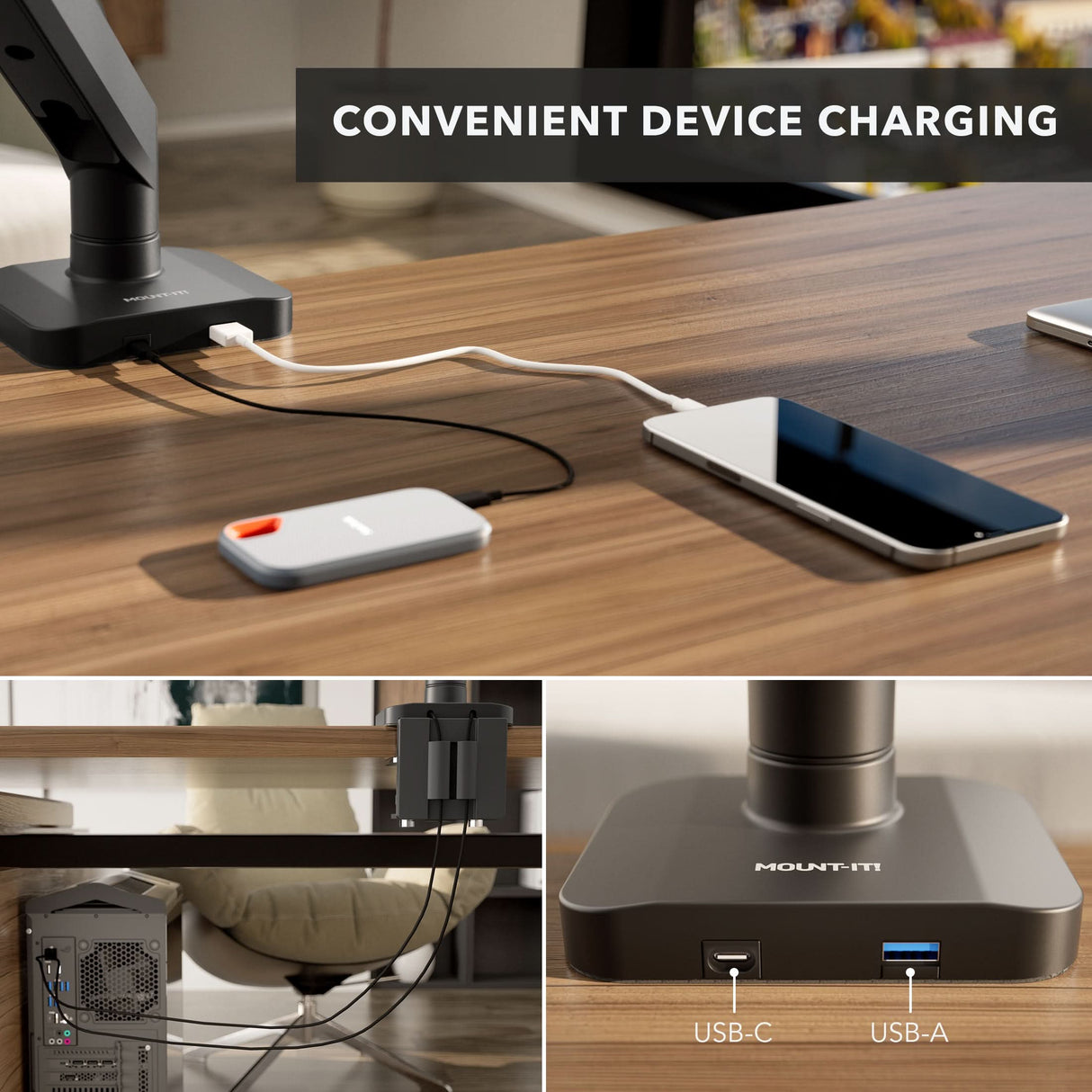 The Mount-It! Heavy-Duty Monitor Mount with Gas Spring Arm features a desk clamp with built-in USB-C and USB-A ports for charging your smartphone and devices, plus smart cable management for a tidy workspace. Cables connect from the clamp to your computer below.