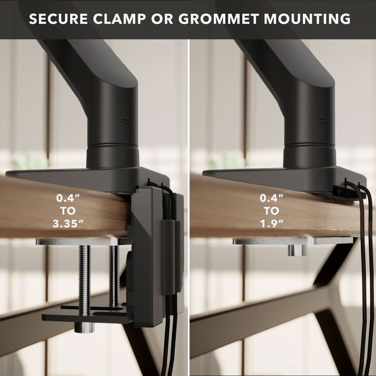 Side-by-side close-ups of the Mount-It! Heavy-Duty Monitor Mount with Gas Spring Arm show clamp mounting on the left and grommet mounting on the right, each labeled with their respective thickness ranges.