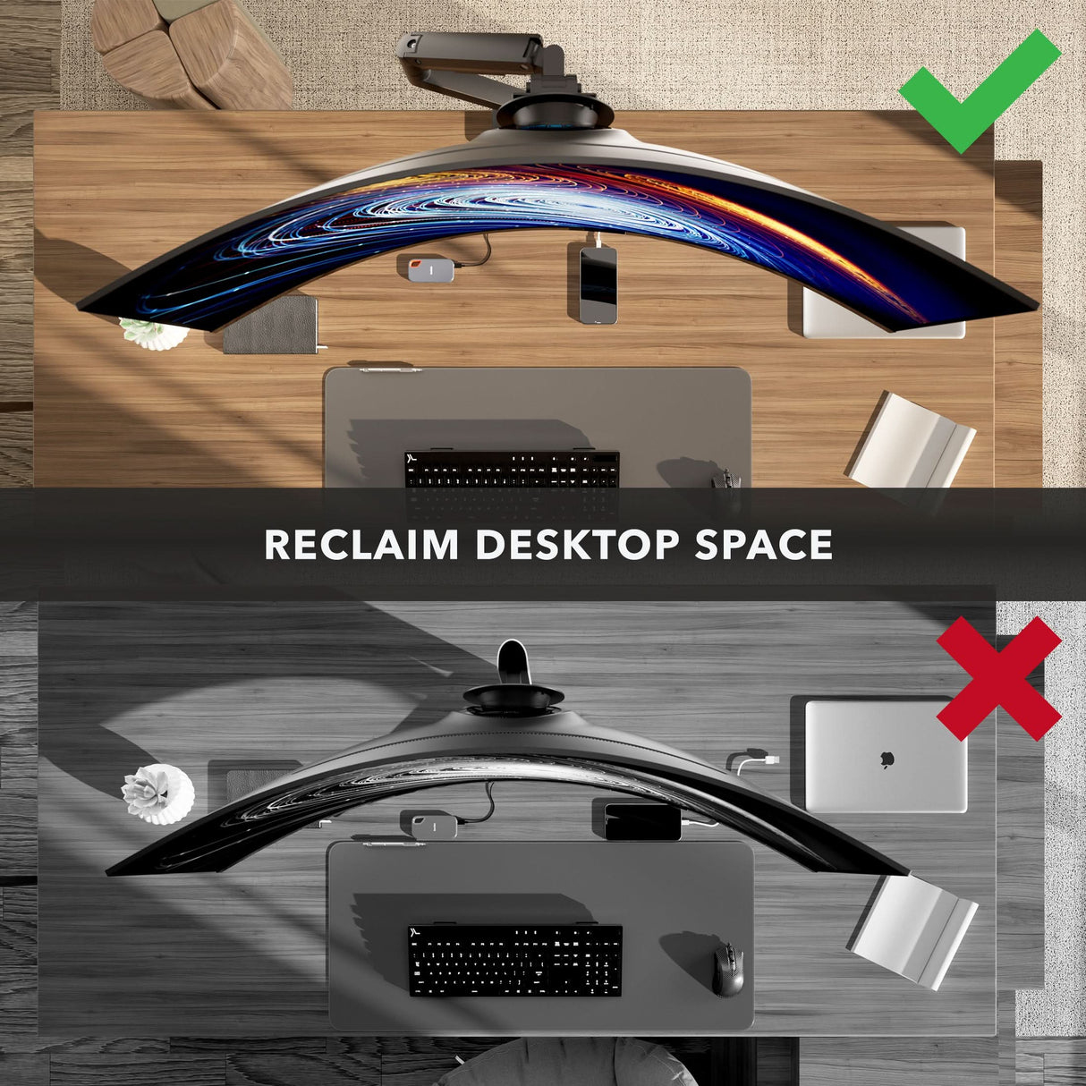 Split image: Top (color, green check) shows a tidy desk with a curved monitor on the Mount-It! Heavy-Duty Monitor Mount with Gas Spring Arm and neat cables. Bottom (B&W, red X) shows a cluttered desk with a straight monitor.
