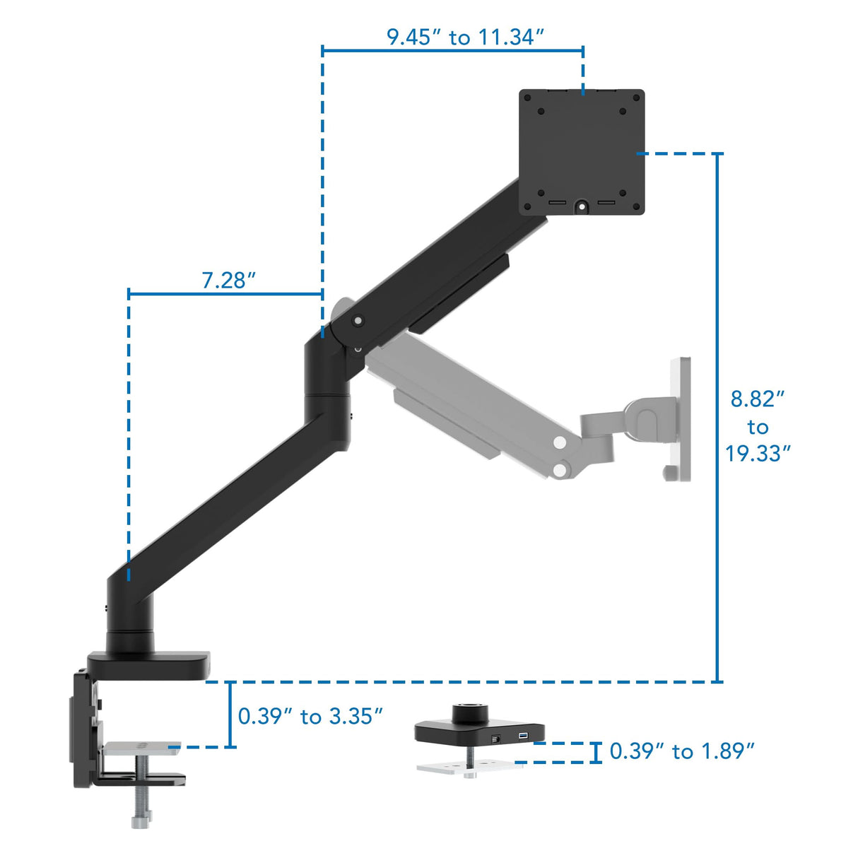 Side view of the Mount-It! Heavy-Duty Monitor Mount with Gas Spring Arm, featuring 7.28" arm length, 9.45–11.34" width, 8.82–19.33" height range, clamp thickness (0.39–3.35"), grommet (0.39–1.89") and built-in cable management for tidiness.