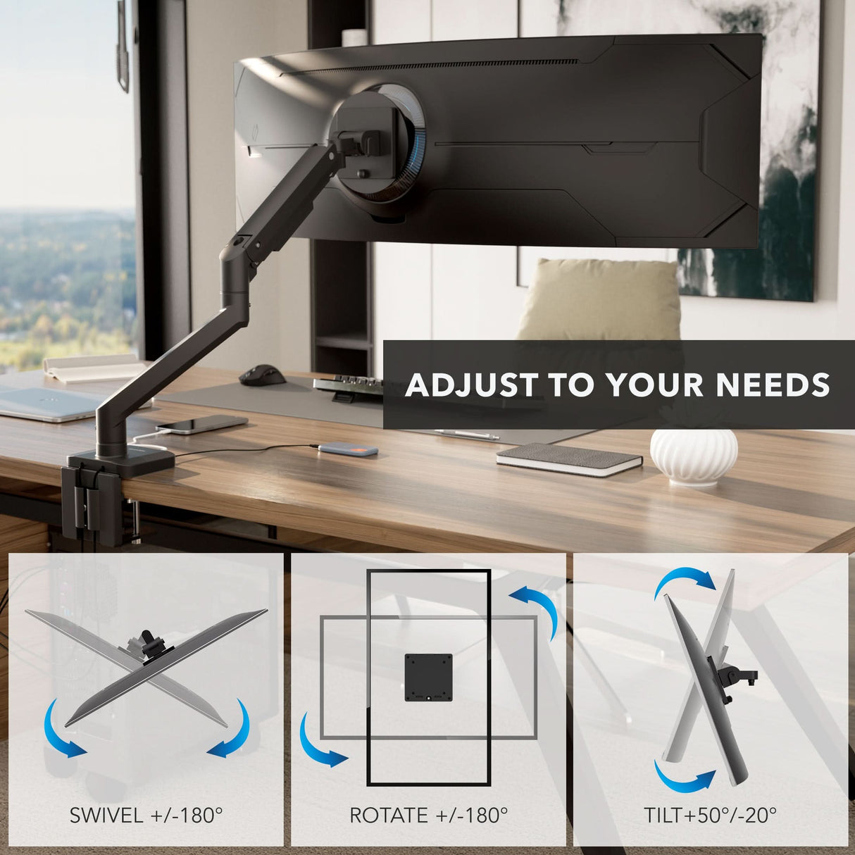 A large computer display on the Mount-It! Heavy-Duty Monitor Mount with Gas Spring Arm above a desk, showing swivel (±180°), rotate (±180°), and tilt (+50°/–20°) functions. Text: “ADJUST TO YOUR NEEDS.”.