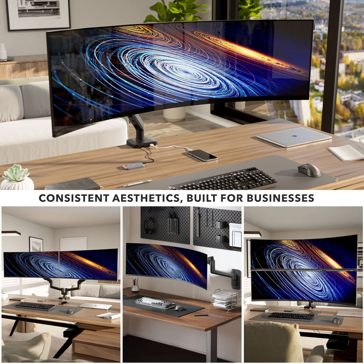 A modern office setup features dual curved monitors mounted on the Mount-It! Heavy-Duty Monitor Mount with Gas Spring Arm, displayed from various angles on tidy wooden desks with laptops and accessories near large windows.
