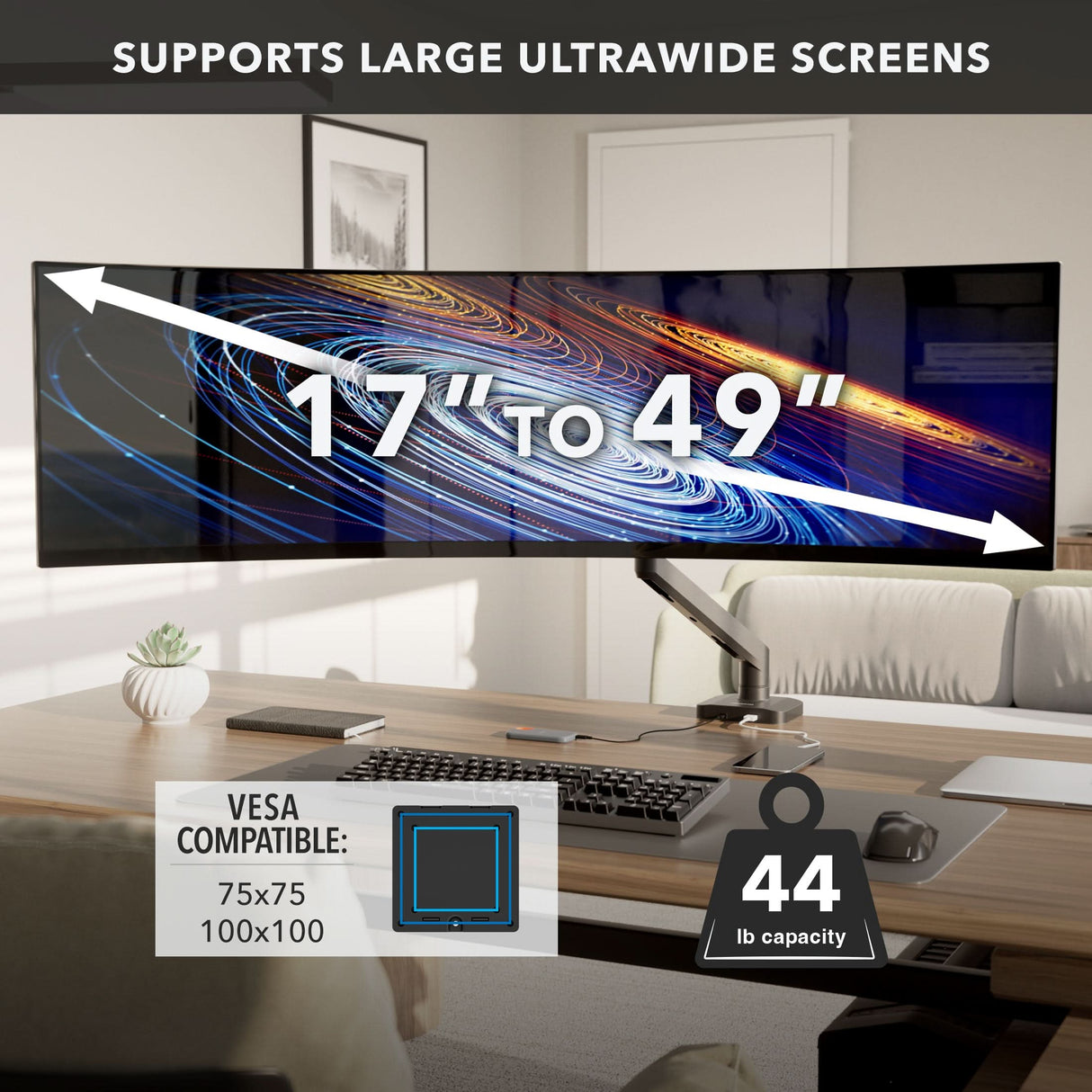 The Mount-It! Heavy-Duty Monitor Mount with Gas Spring Arm is shown holding a large curved ultrawide display, supporting 17-49" screens, VESA 75x75/100x100, up to 44 lbs, and featuring built-in cable management.