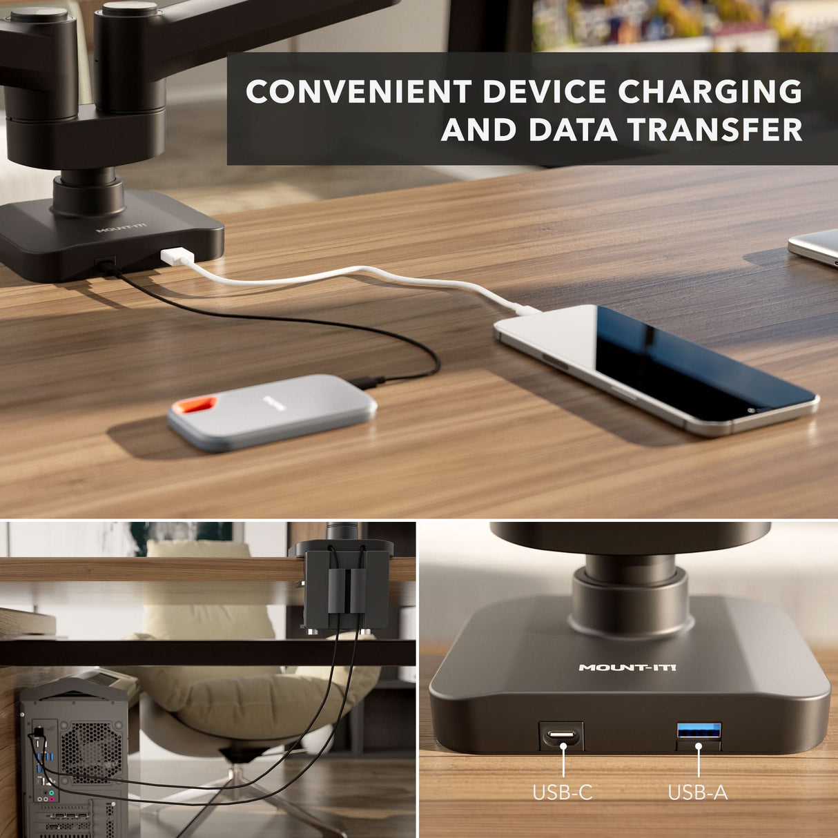 The Mount-It! Heavy-Duty Dual Monitor Mount with Gas Spring Arms features built-in USB-C and USB-A ports for charging and data transfer, with close-up views highlighting the ports, cable management, and connected devices.
