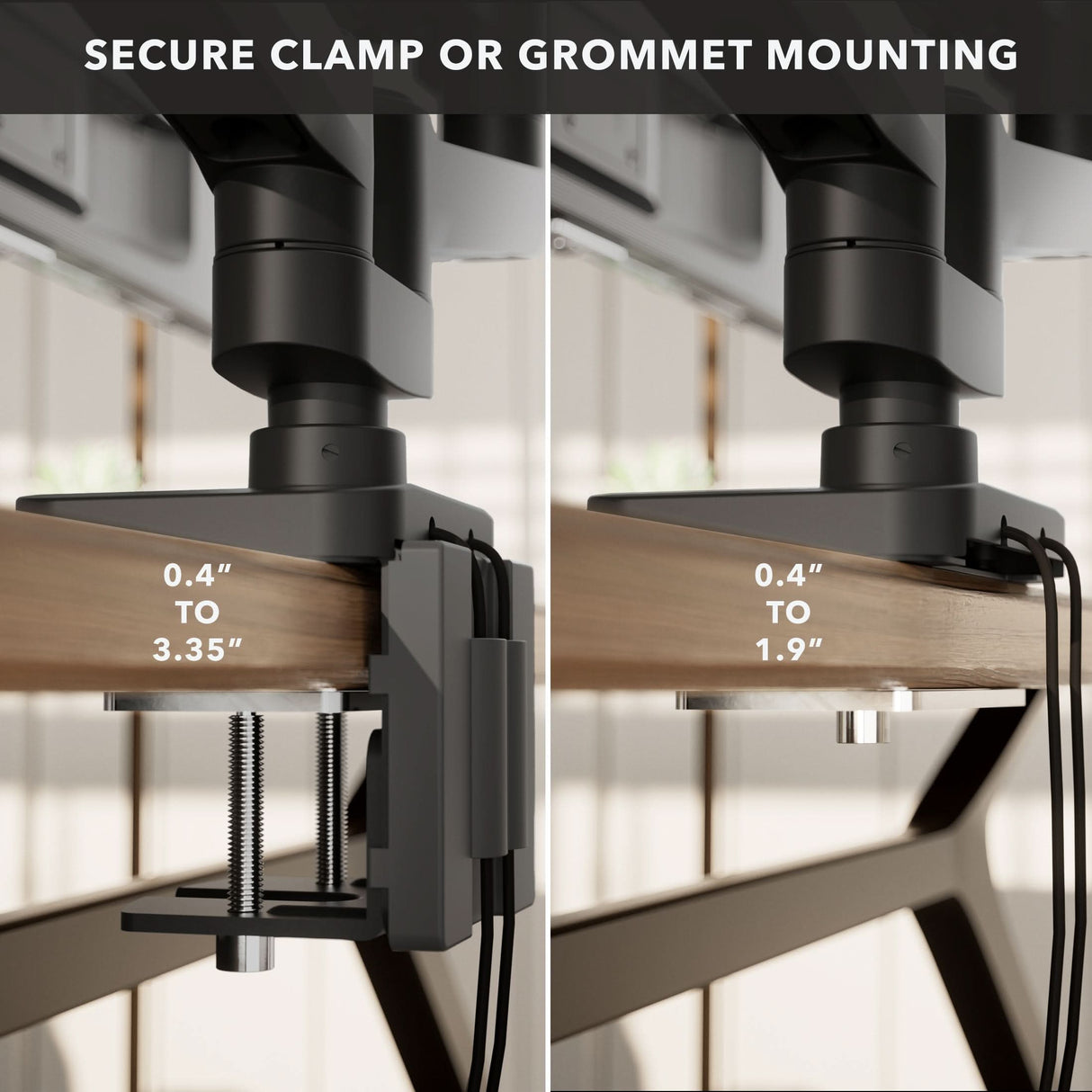 Side-by-side comparison of clamp (fits 0.4–3.35") and grommet (fits 0.4–1.9") mounting for the Mount-It! Heavy-Duty Dual Monitor Mount with Gas Spring Arms—perfect for ergonomic setups on wooden desks.