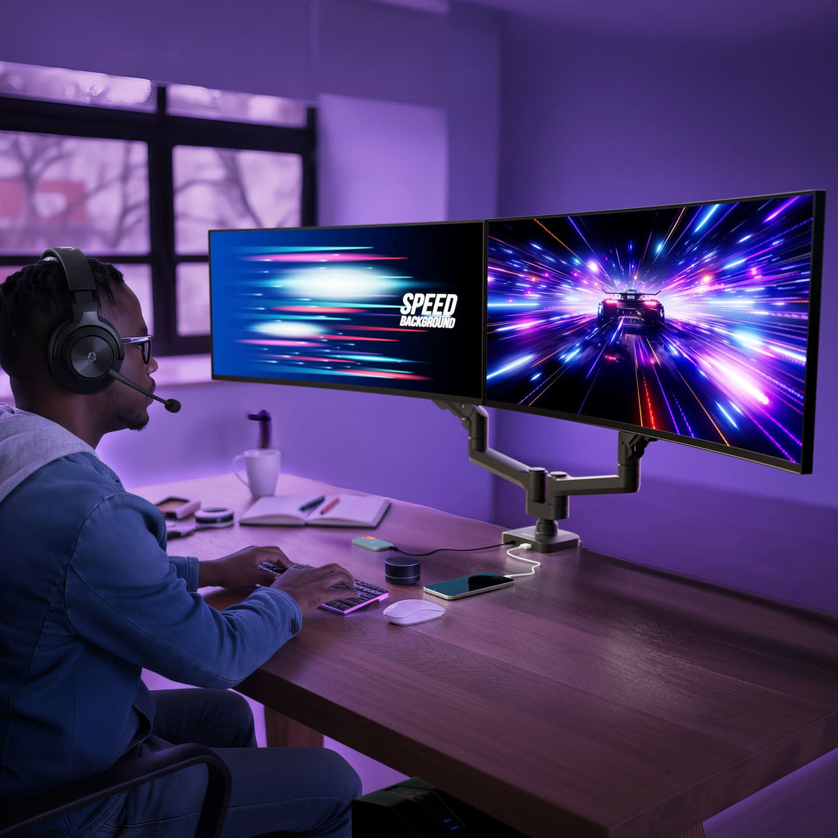 Wearing a headset, a person sits at an ergonomic desk with dual monitors on the Mount-It! Heavy-Duty Dual Monitor Mount with Gas Spring Arms, displaying racing cars in a purple-lit, modern room featuring a large window.