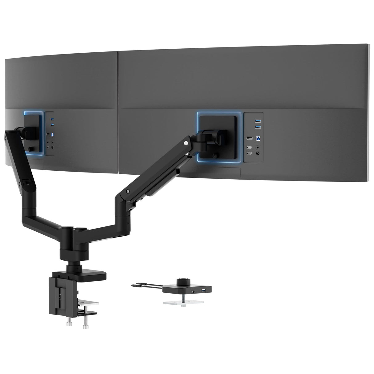 The Mount-It! Heavy-Duty Dual Monitor Mount with Gas Spring Arms holds dual black monitors on an ergonomic desk. Shown from the back, the monitors display multiple ports and are supported by sturdy, adjustable arms for flexible positioning.