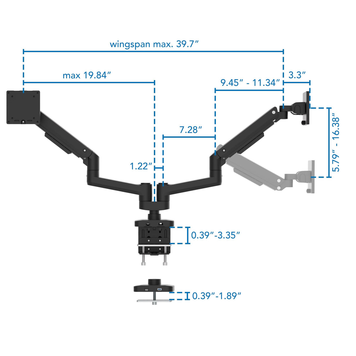 Diagram of the Mount-It! Heavy-Duty Dual Monitor Mount with Gas Spring Arms, featuring labeled measurements: a 39.7-inch maximum wingspan and adjustable arms/clamp dimensions, all marked with blue dashed lines for ergonomic desk setup.
