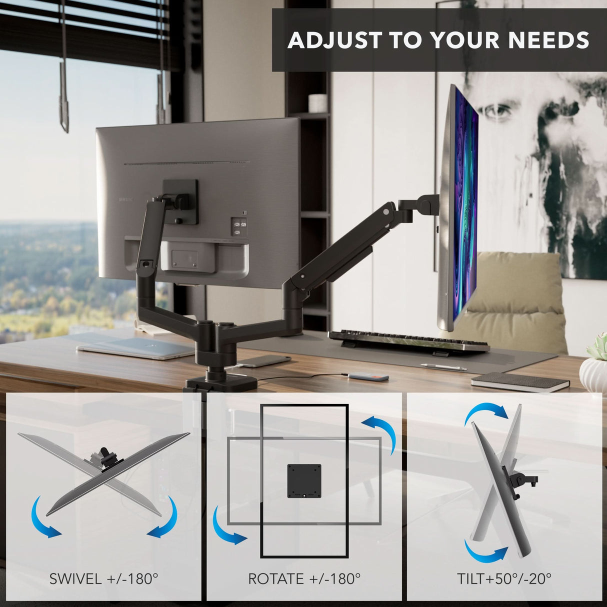 The Mount-It! Heavy-Duty Dual Monitor Mount with Gas Spring Arms elevates screens above your ergonomic desk. Insets display adjustable features: swivel, rotate, and tilt. Text reads, Adjust to your needs.