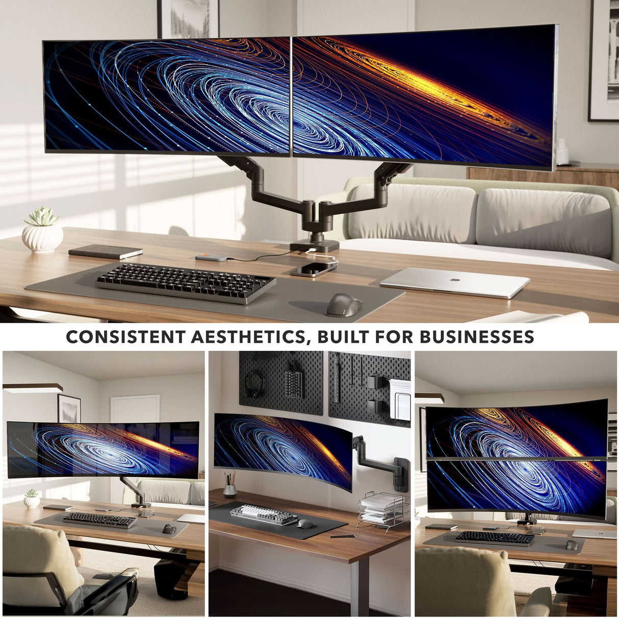 A modern office with dual ultra-wide monitors on the Mount-It! Heavy-Duty Dual Monitor Mount with Gas Spring Arms, plus keyboard, mouse, and laptop on a sleek wooden desk. Shown from multiple angles. Text reads: Consistent aesthetics, built for businesses.