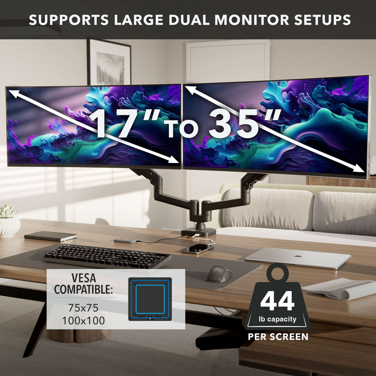The Mount-It! Heavy-Duty Dual Monitor Mount with Gas Spring Arms supports two 17–35" monitors (up to 44 lbs each), features VESA 75x75 and 100x100 compatibility, and is ideal for ergonomic USB-C monitor arm setups.