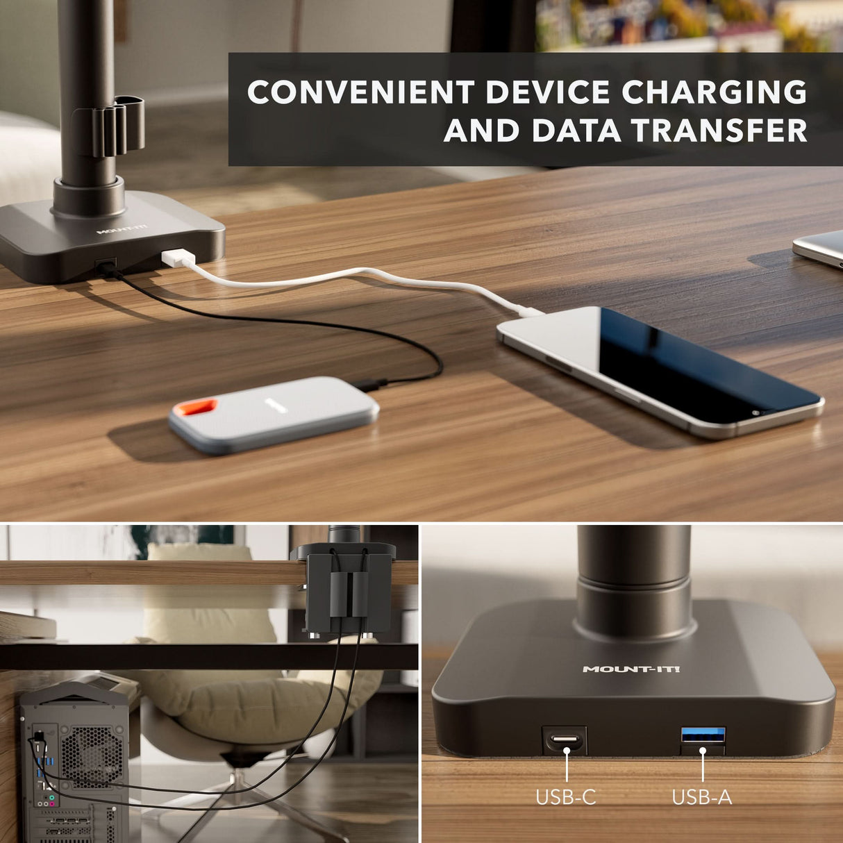 The Mount-It! Heavy-Duty Monitor Mount with Pole & Gas Spring Arm features a desk-mounted charging station with USB-C and USB-A ports, ideal for convenient device charging and data transfer. Close-ups highlight cables connected, with a PC below the desk.