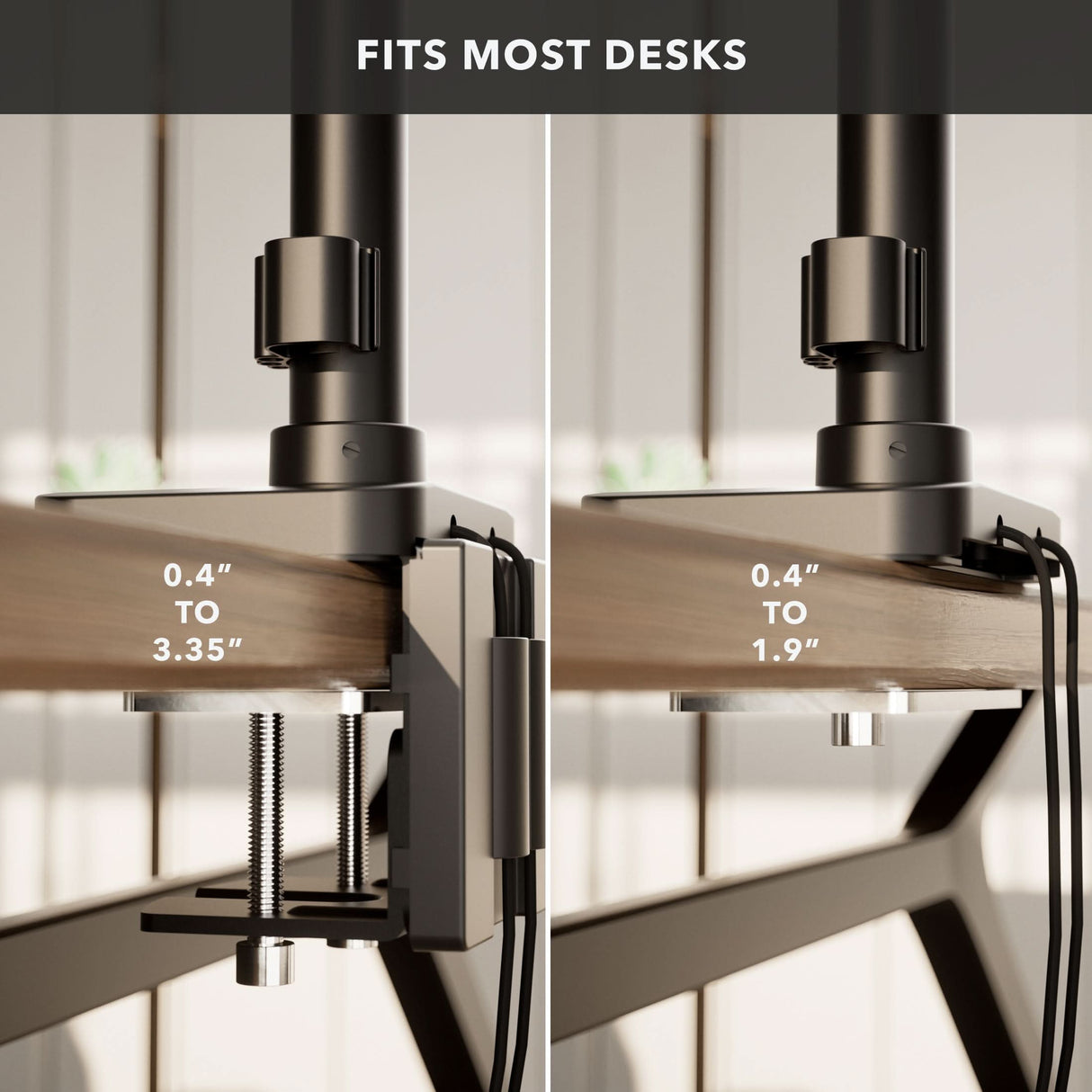 Split image shows two Mount-It! Heavy-Duty Monitor Mount desk clamps: left fits 0.4–3.35" desks, right fits 0.4–1.9". Fits most desks—ideal for a full motion setup with pole and gas spring arm for adjustable monitors.