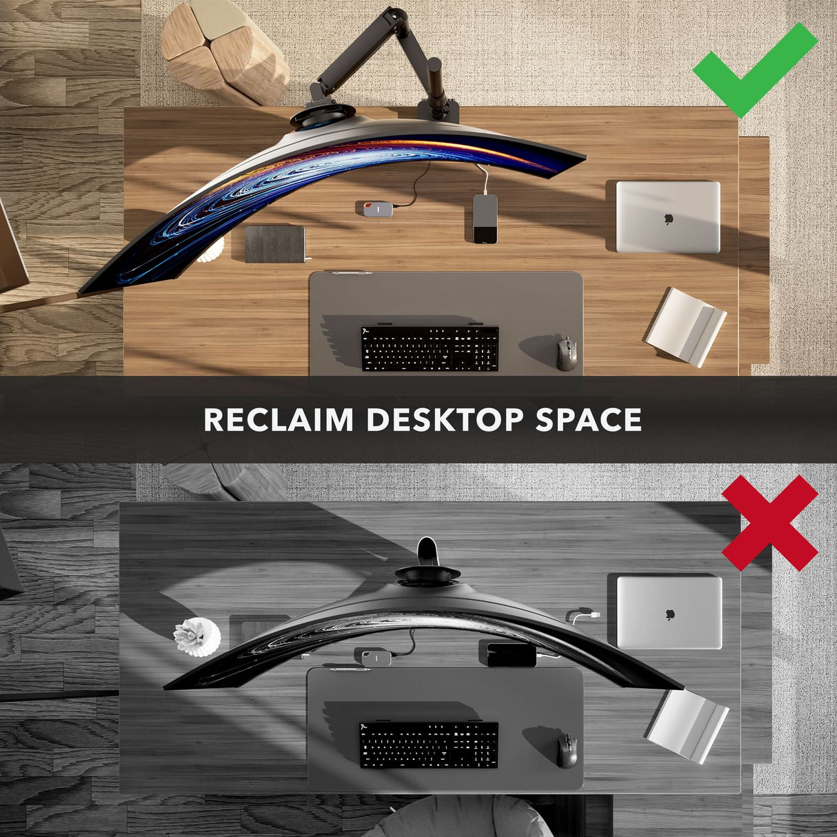Split image: Top shows a tidy desk with a Mount-It! Heavy-Duty Monitor Mount with Pole & Gas Spring Arm holding a curved monitor and a green checkmark; bottom, a messy desk with the monitor on its stand and a red X. Text: Reclaim Desktop Space.