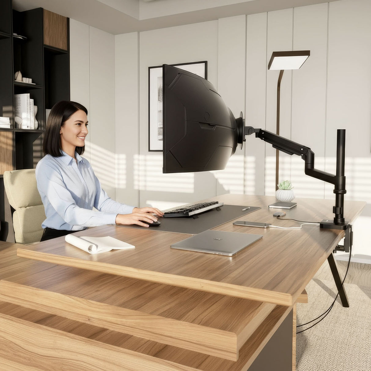 A woman smiles as she works at her bright office desk, using the Mount-It! Heavy-Duty Monitor Mount with Pole & Gas Spring Arm. On her wooden desk are a laptop, notebook, pen, and small potted plant.