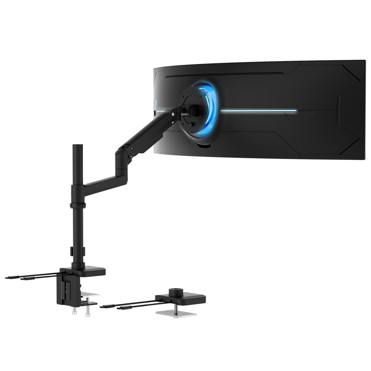 A Mount-It! Heavy-Duty Monitor Mount with Pole & Gas Spring Arm holds a curved widescreen monitor, seen from the back. The monitor has a glowing blue ring light and is desk-mounted using a sturdy clamp.