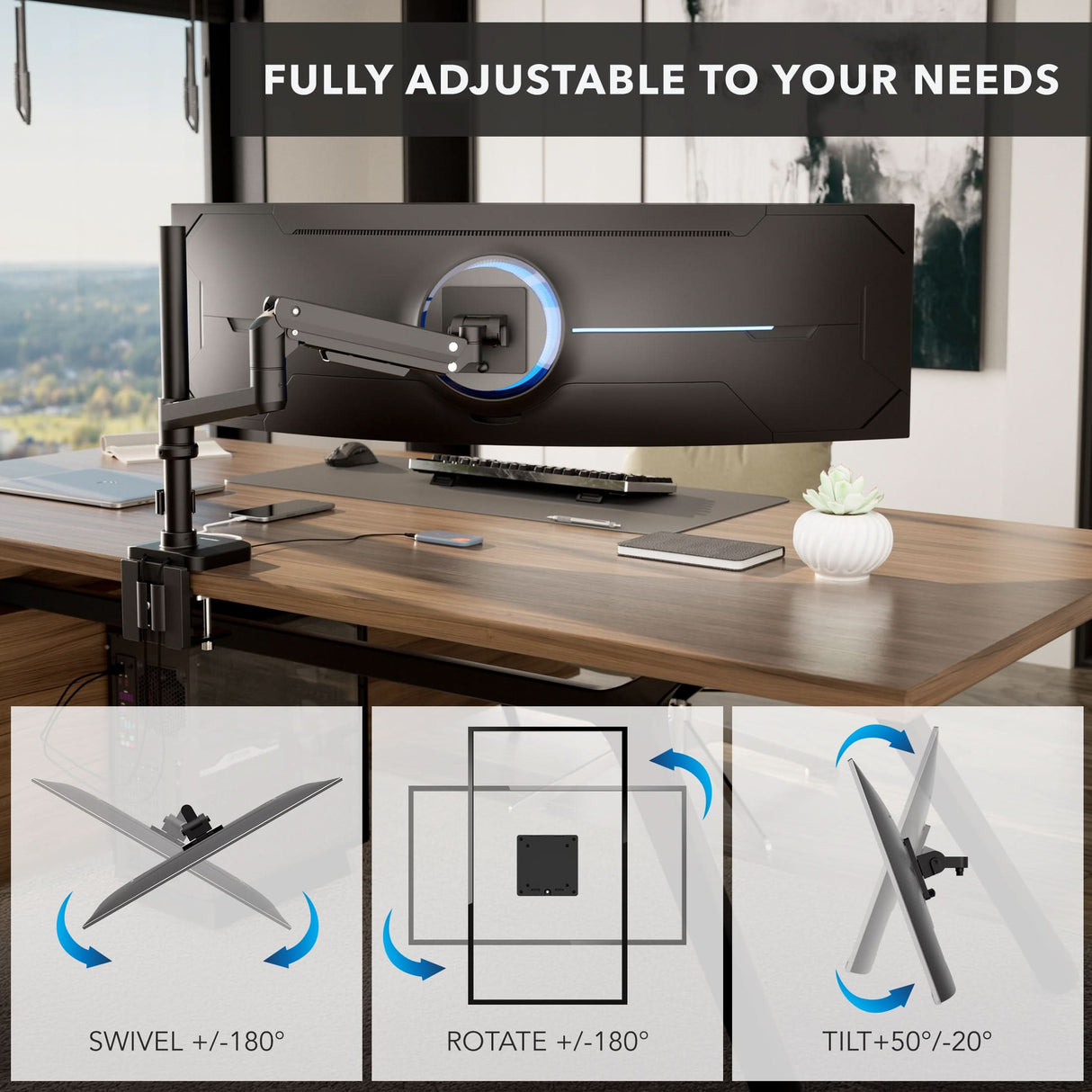 The Mount-It! Heavy-Duty Monitor Mount with Pole & Gas Spring Arm supports a modern office setup, offering full motion adjustability: swivel ±180°, rotate ±180°, and tilt +50°/-20° for an ultra-wide monitor.