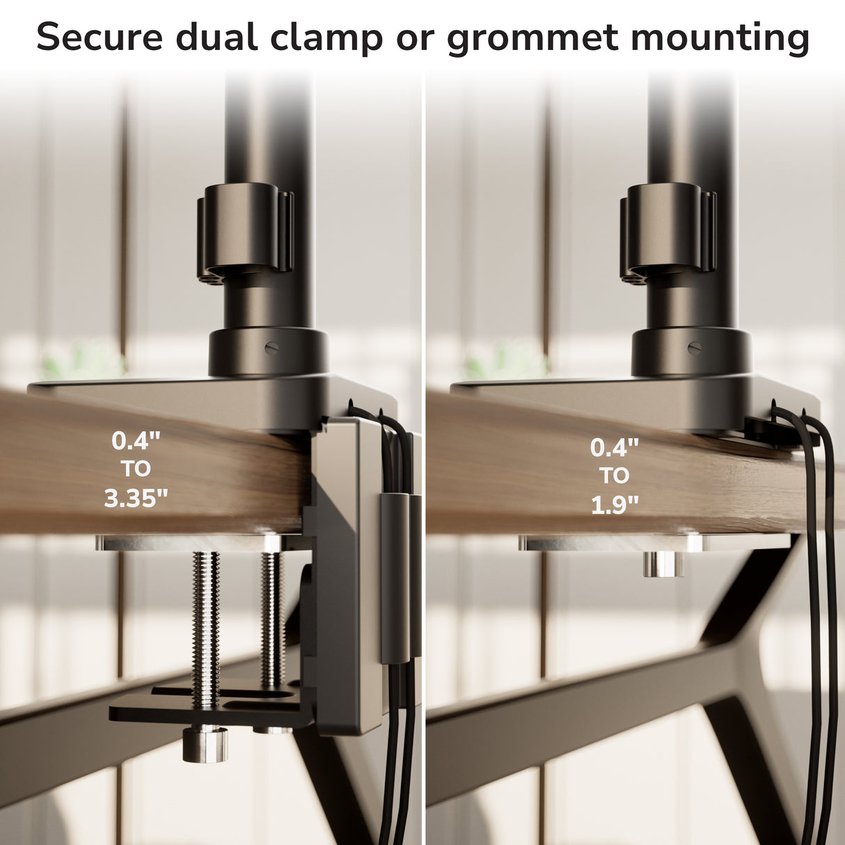 Side-by-side visual of the Mount-It! Dual Monitor Mount with Pole and Crossbar: clamp mount on left and grommet mount on right, both securing to desks (thickness ranges labeled); caption reads "Secure dual clamp or grommet mounting above.