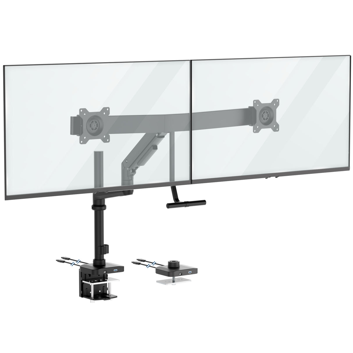 The Mount-It! Dual Monitor Mount with Pole and Crossbar in black supports two monitors side by side. It attaches securely to your desk with a clamp, and installation tools are included.