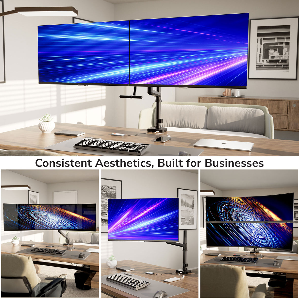 A modern office features a Mount-It! Dual Monitor Mount with Pole and Crossbar holding ultra-thin bezel monitors displaying vibrant abstract graphics. Additional images showcase different angles. Text: Consistent Aesthetics, Built for Businesses.