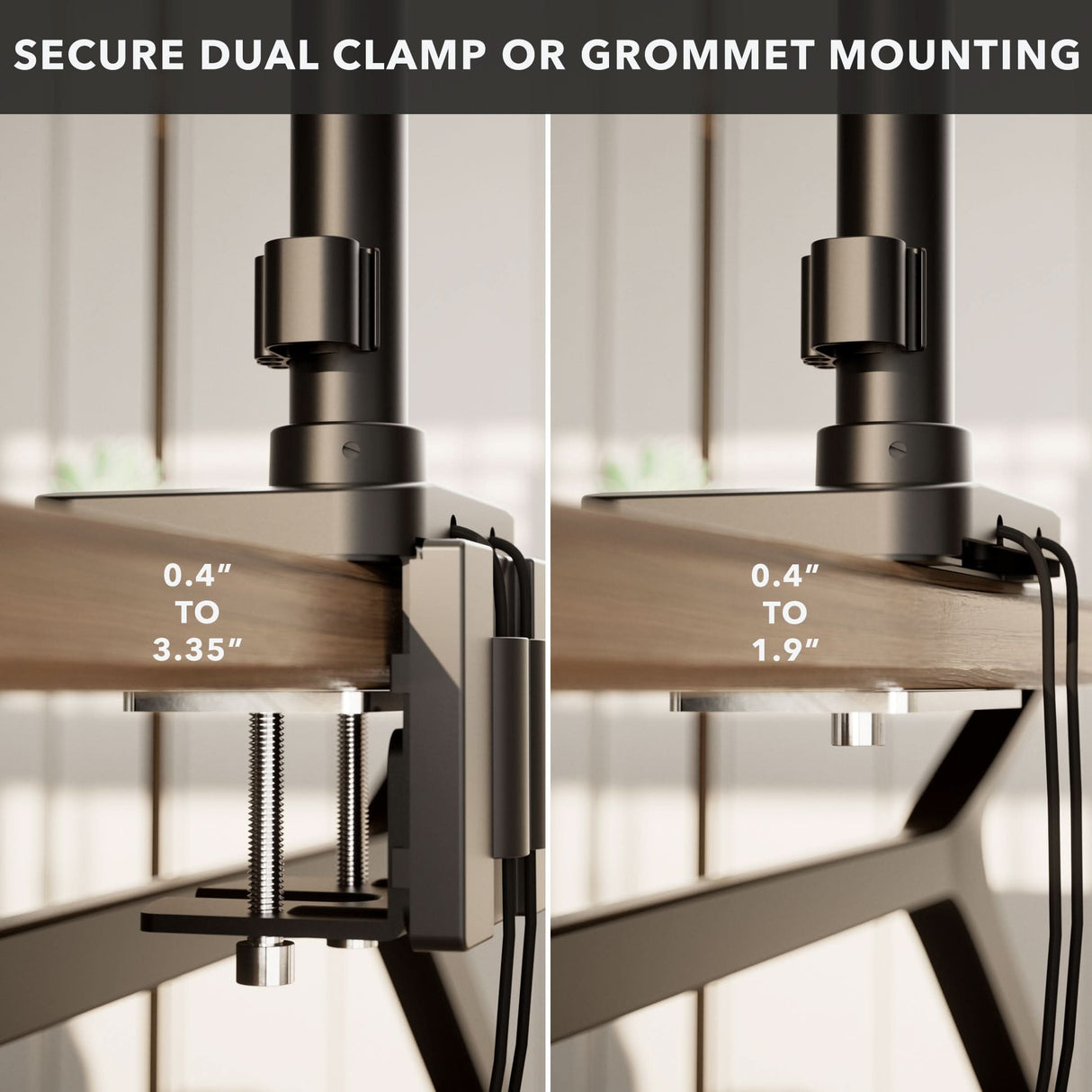 Side-by-side images display the Mount-It! Heavy-Duty Dual Stacking Monitor Mount with Pole & Gas Spring Arms secured to a desk by clamp (0.4–3.35") or grommet (0.4–1.9"), ensuring stable dual mounting and optimal use of vertical space.