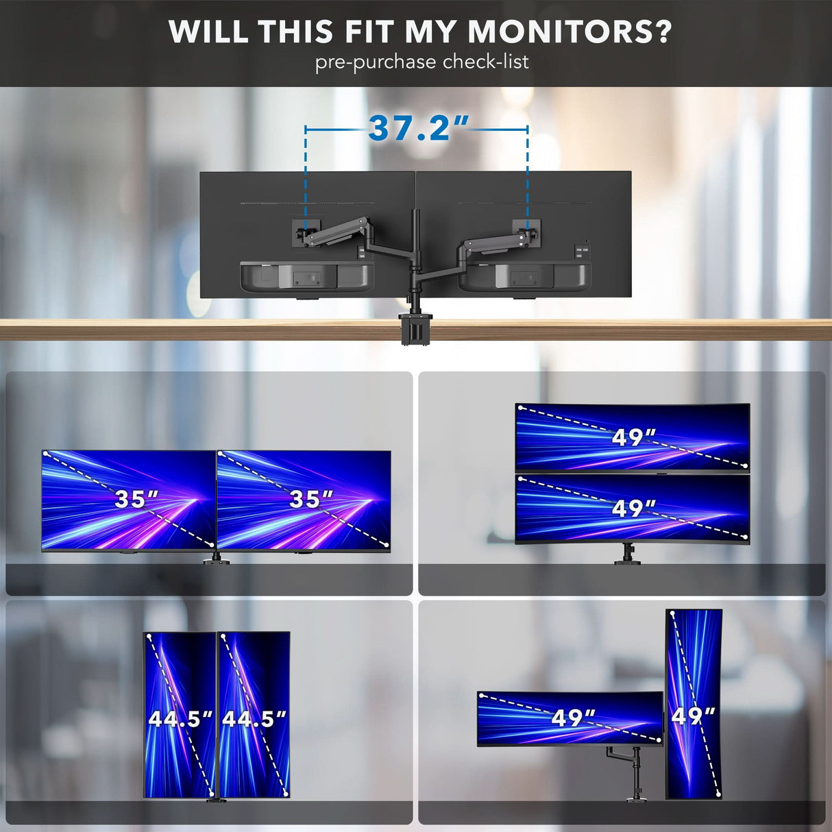 Diagram of the Mount-It! Heavy-Duty Dual Stacking Monitor Mount with Pole & Gas Spring Arms, offering full motion for two 35" monitors (up to 37.2" wide), one 49" monitor, or vertical setup for one 44.5" and one 49" monitor.