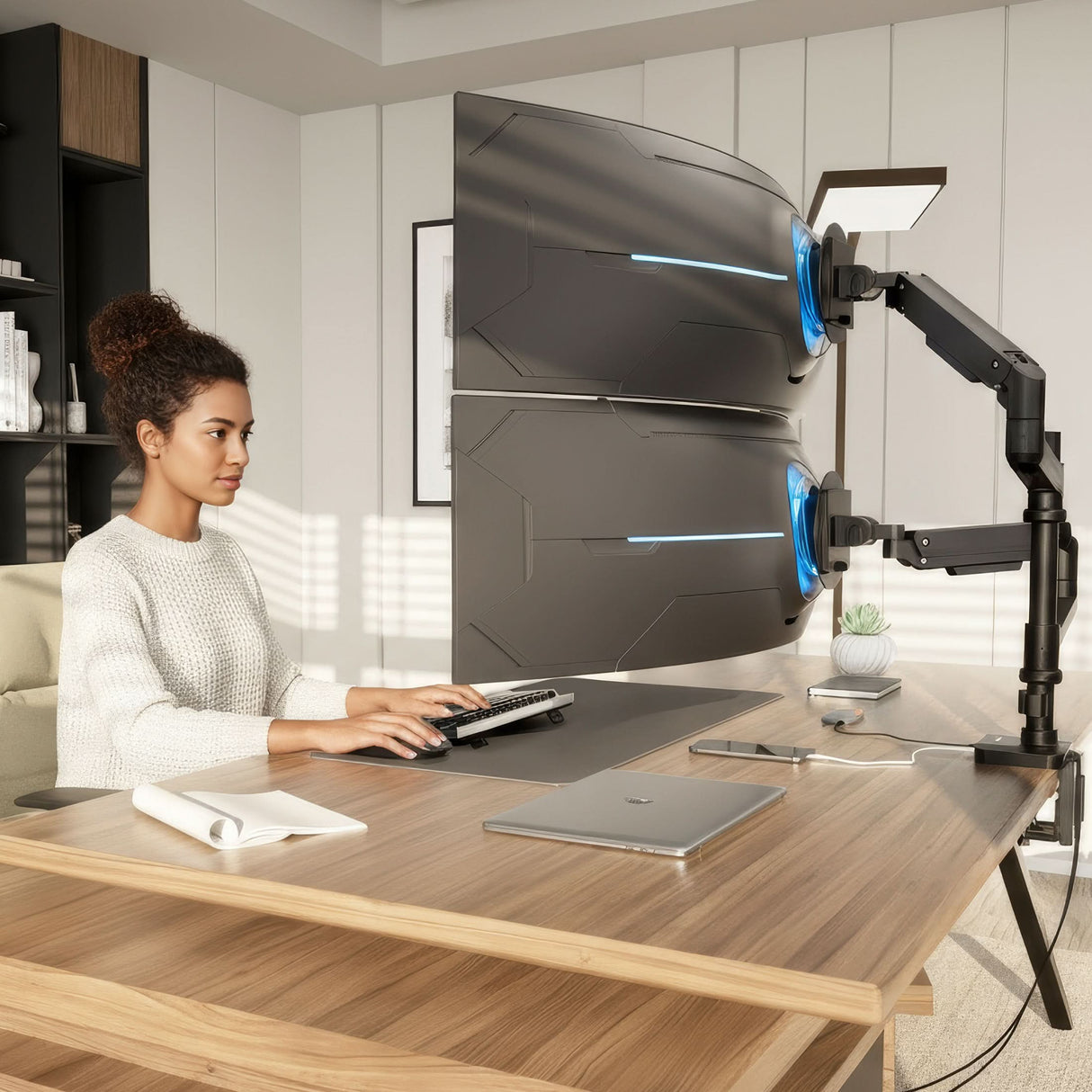 A woman works at a neat desk using a keyboard and mouse, facing two large monitors mounted on the Mount-It! Heavy-Duty Dual Stacking Monitor Mount with Pole & Gas Spring Arms. A closed laptop, notepad, and small potted plant complete the workspace.