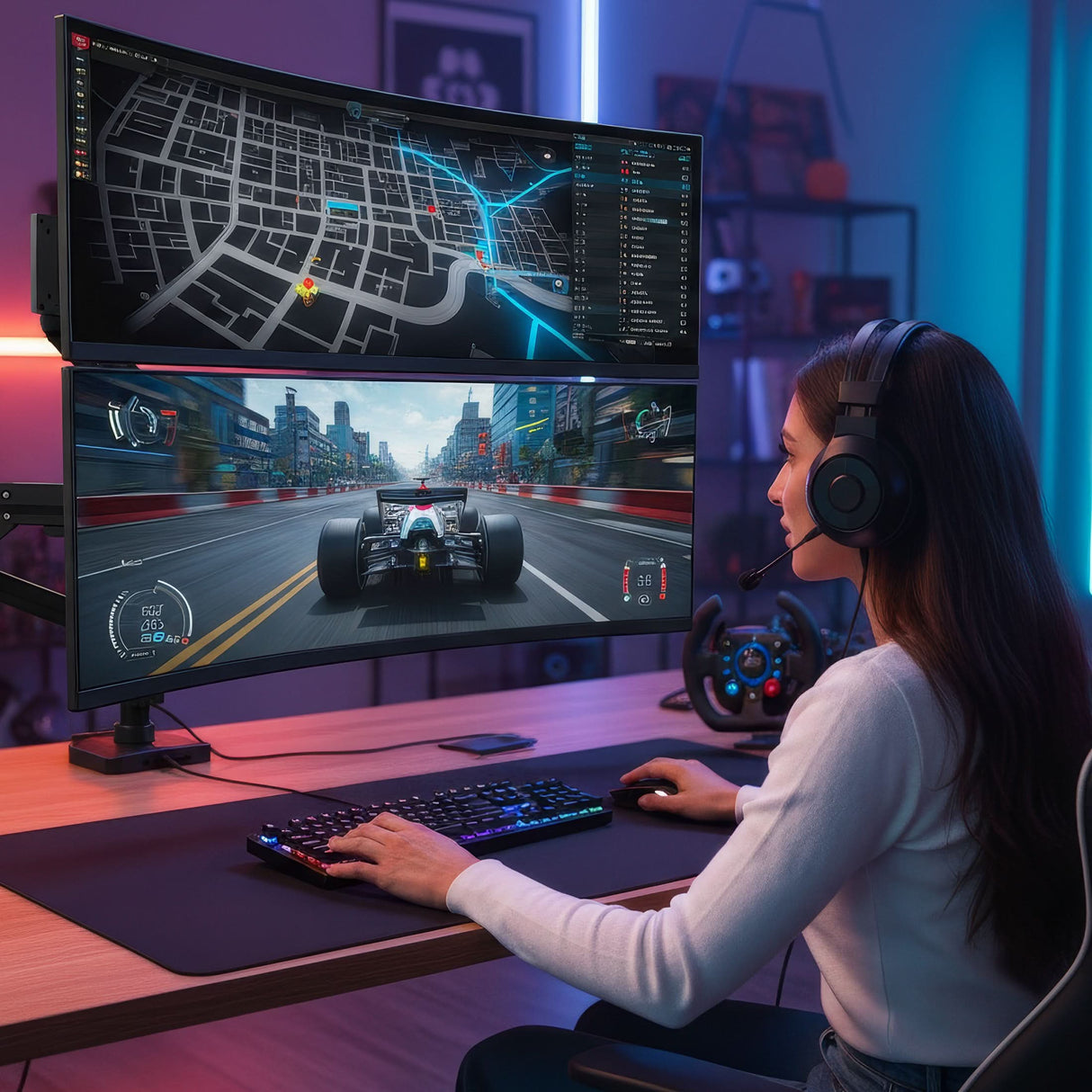 A woman with a headset races on one screen and views a city map on another, both mounted on the Mount-It! Heavy-Duty Dual Stacking Monitor Mount with Pole & Gas Spring Arms. Colorful LED lights illuminate the gaming room.