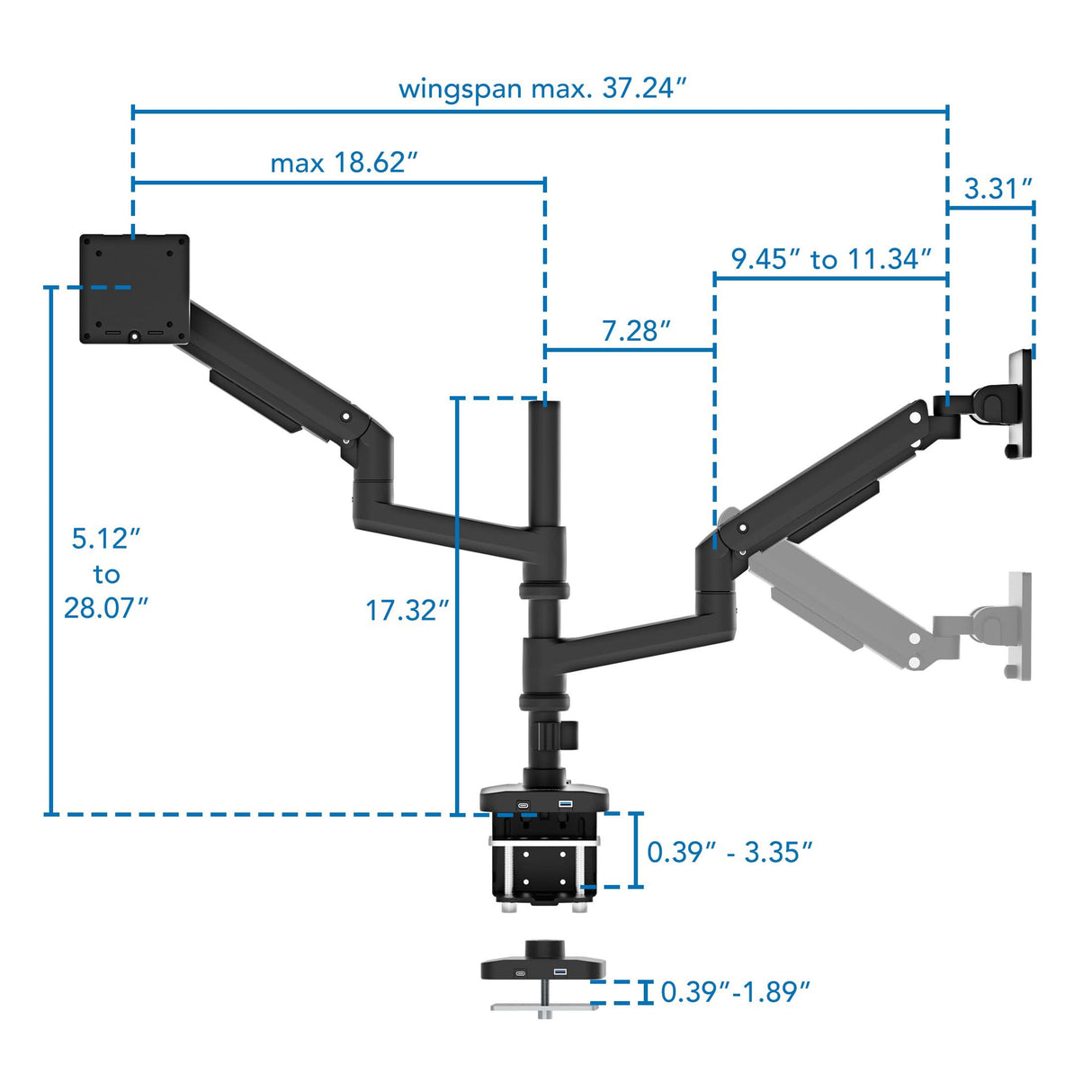 Diagram of the Mount-It! Heavy-Duty Dual Stacking Monitor Mount with Pole & Gas Spring Arms, showing labeled measurements, full motion flexibility, 37.24” max wingspan, arm lengths, mounting range, and adjustable pole and arm heights.