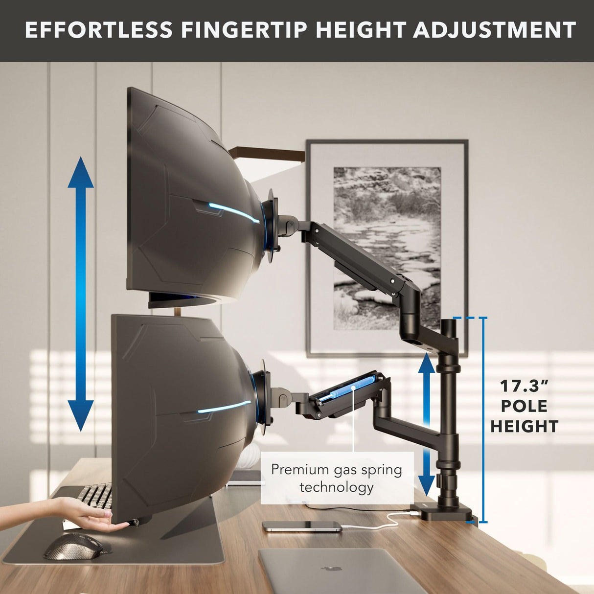 The Mount-It! Heavy-Duty Dual Stacking Monitor Mount with Pole & Gas Spring Arms holds two large curved monitors, one above the other, with effortless fingertip height adjustment and a 17.3" pole for full motion flexibility.