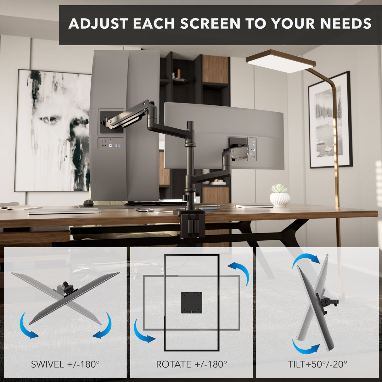 Heavy-Duty Dual Stacking Monitor Mount with Pole & Gas Spring Arms Heavy-Duty Dual Stacking Monitor Mount with Pole & Gas Spring Arms