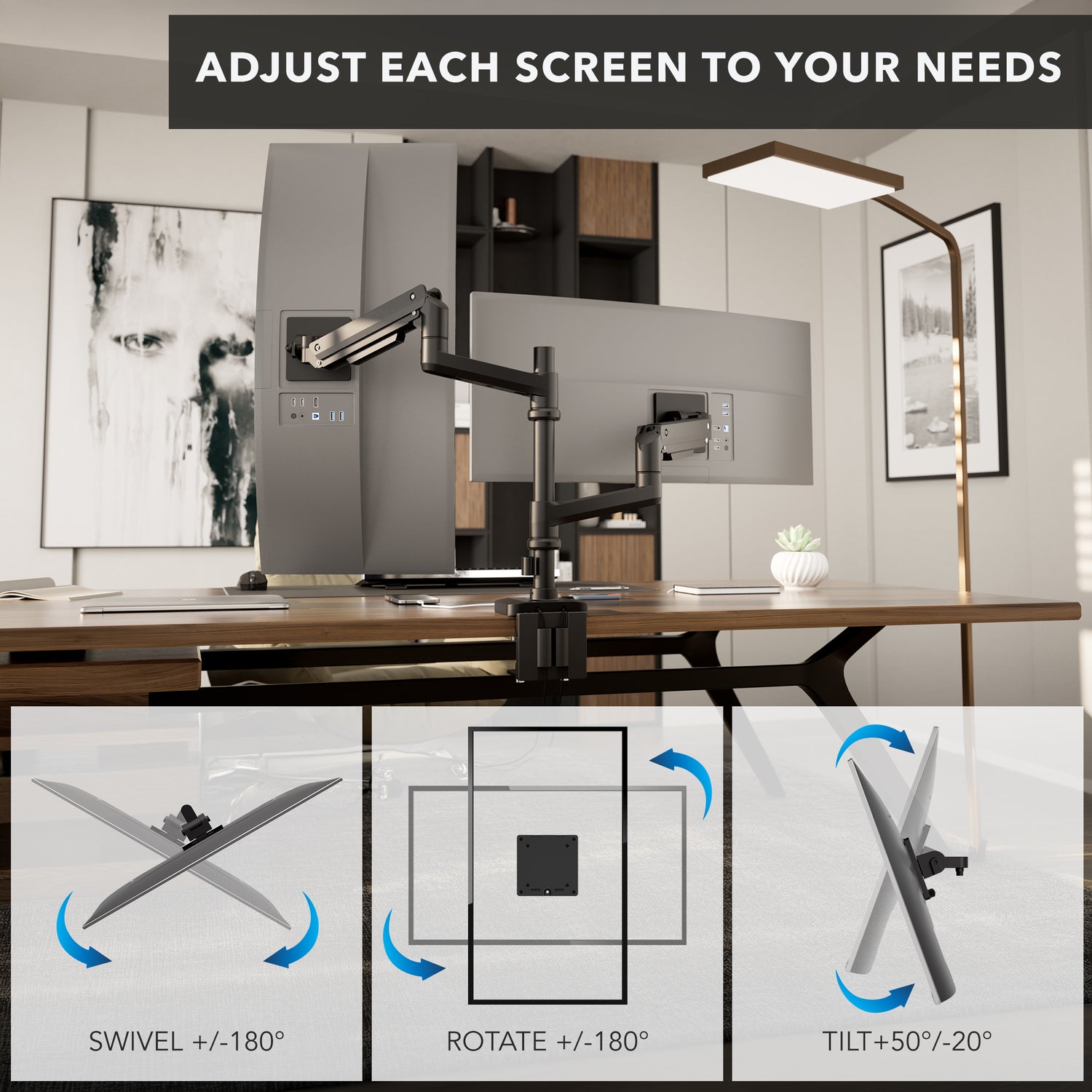 Heavy-Duty Dual Stacking Monitor Mount with Pole & Gas Spring Arms