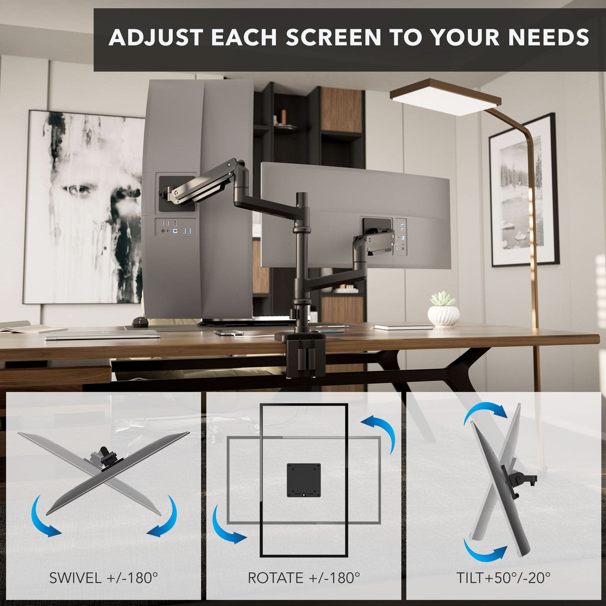 The Mount-It! Heavy-Duty Dual Stacking Monitor Mount with Pole & Gas Spring Arms offers full motion: swivel ±180°, rotate ±180°, tilt +50°/-20°. Adjust each screen for a perfect vertical workspace in any modern office.