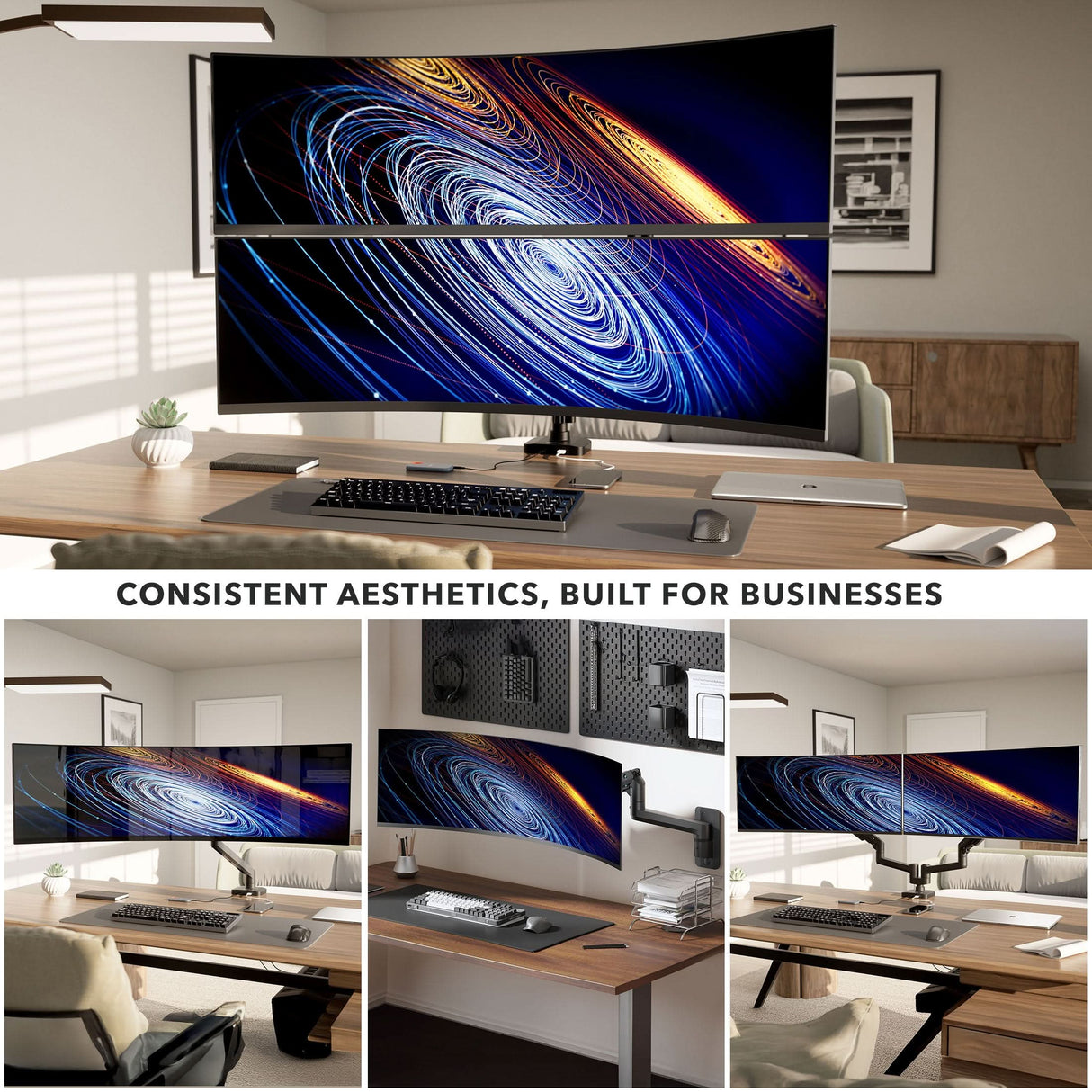A modern office setup features the Mount-It! Heavy-Duty Dual Stacking Monitor Mount with Pole & Gas Spring Arms, supporting two large monitors above sleek desk accessories. Three more views show similar organized, stylish workstations.