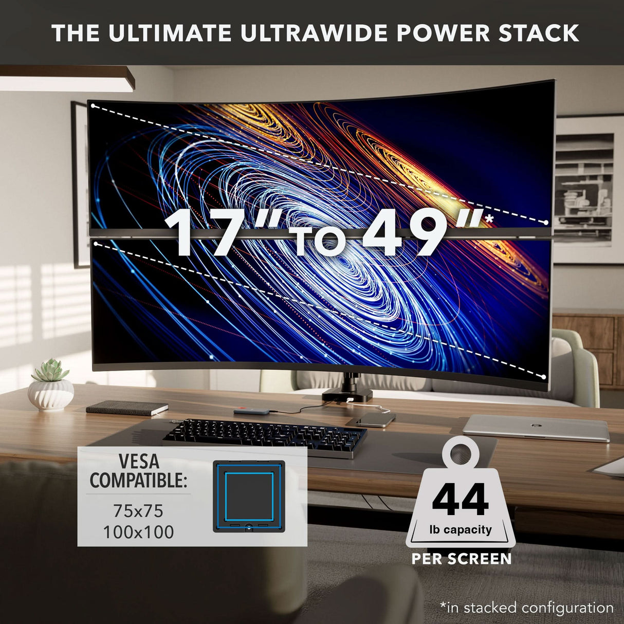 A Mount-It! Heavy-Duty Dual Stacking Monitor Mount with Pole & Gas Spring Arms securely holds curved ultrawide monitors (17–49", up to 44 lbs) with full motion, VESA 75x75/100x100, perfect for a modern office setup.